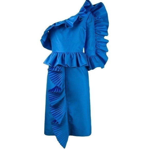 GUCCI Blue One-shoulder sequin-embellished ruffled silk RUNWAY MIDI Dress NEW - Picture 6 of 16